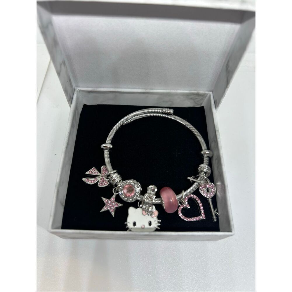 🎀 Hello Kitty Pink Charm Bracelet | Silver Tone Cable Bangle | Gift Ready 🎀